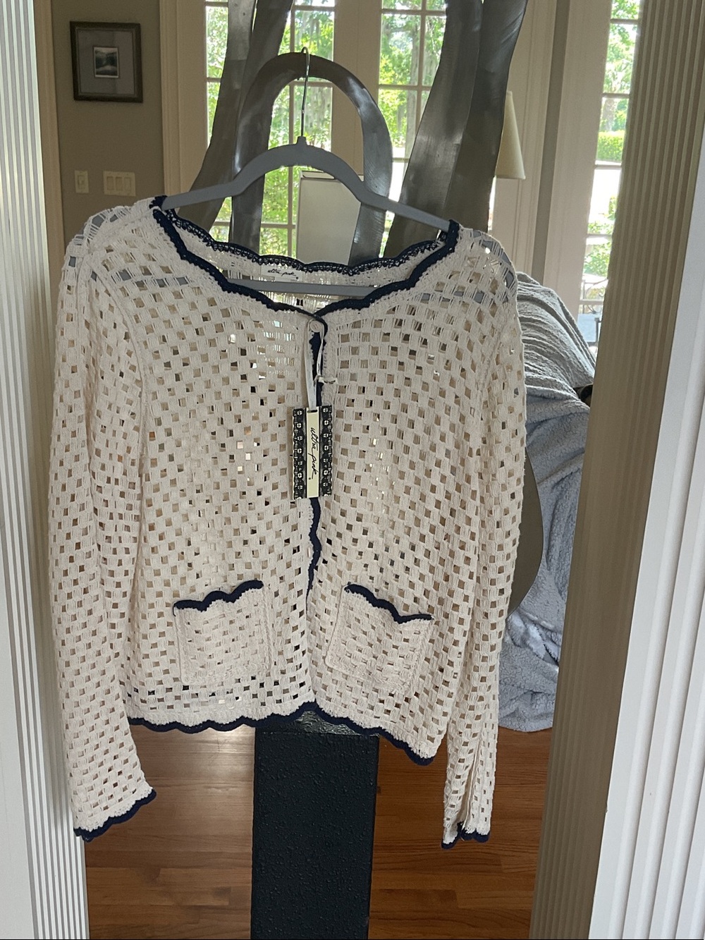 Ultra Pink Cream Open-Knit Cardigan with Navy Trim